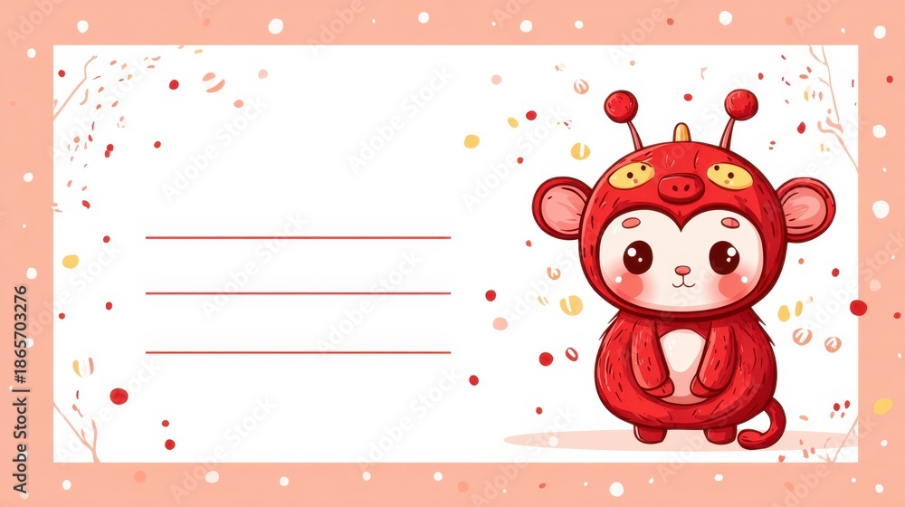 Obraz premium Cute cartoon monkey in red costume on pink Chinese New Year card with confetti and space for writing message
