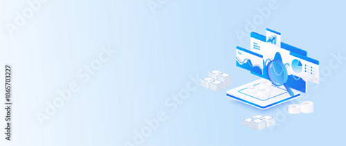 Stock market isometric of financial dashboard data analysis with charts, money, and financial metrics concept in banner web.
