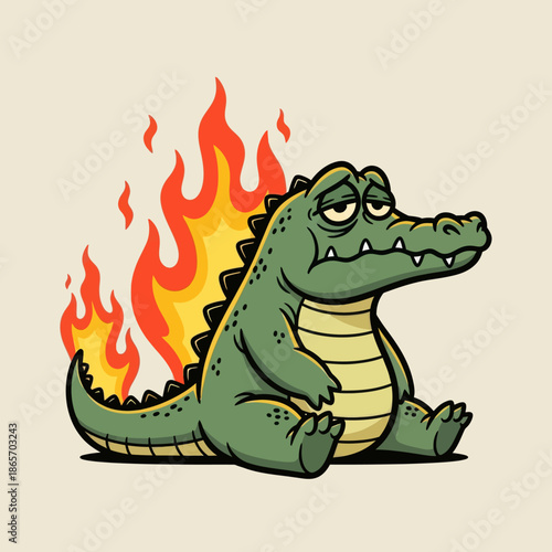 Cute cartoon crocodile with green body and flaming tail sitting happily, fantasy monster character illustration, playful style for kids design, stickers, games, and branding.