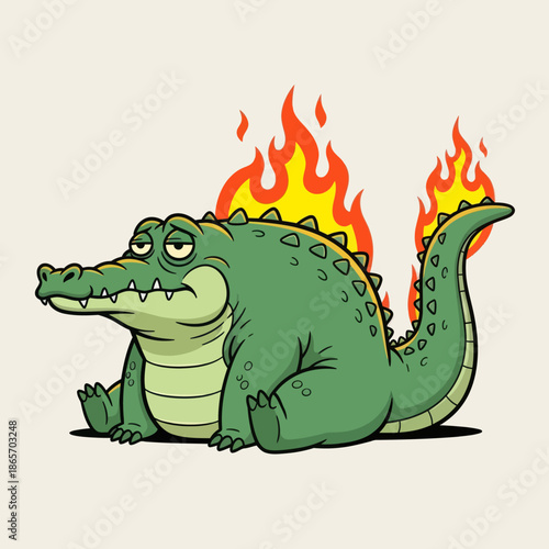 Cute cartoon crocodile with green body and flaming tail sitting happily, fantasy monster character illustration, playful style for kids design, stickers, games, and branding.