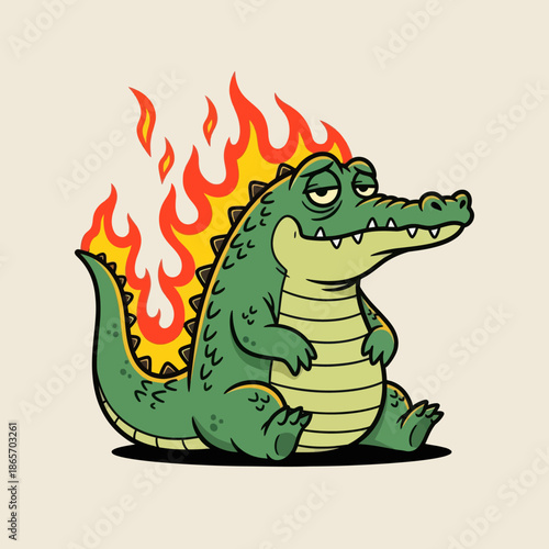 Cute cartoon crocodile with green body and flaming tail sitting happily, fantasy monster character illustration, playful style for kids design, stickers, games, and branding.