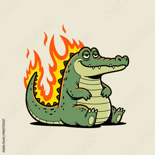 Cute cartoon crocodile with green body and flaming tail sitting happily, fantasy monster character illustration, playful style for kids design, stickers, games, and branding.