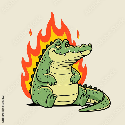 Cute cartoon crocodile with green body and flaming tail sitting happily, fantasy monster character illustration, playful style for kids design, stickers, games, and branding.