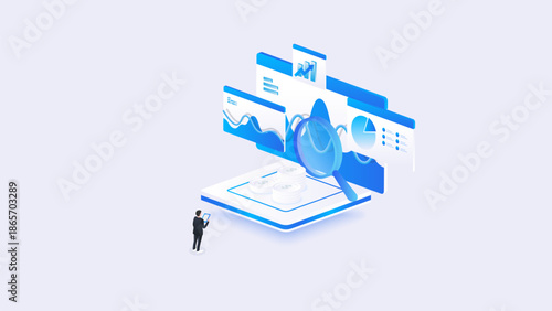 Stock market isometric of financial dashboard data analysis with charts, data search, and financial insight in blue digital style.