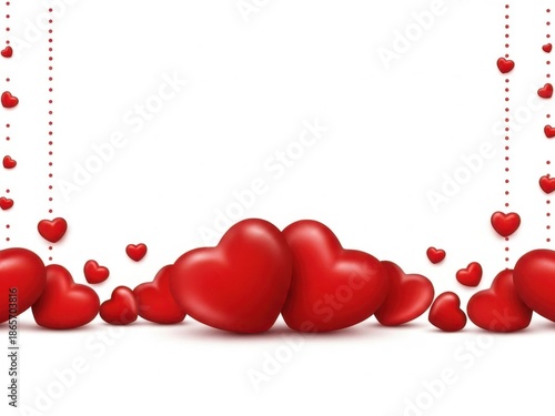 Red hearts falling from the sky on white background