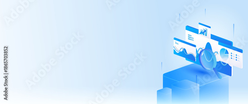 Stock market isometric of financial dashboard data analysis with charts, money, and financial metrics concept in banner web.