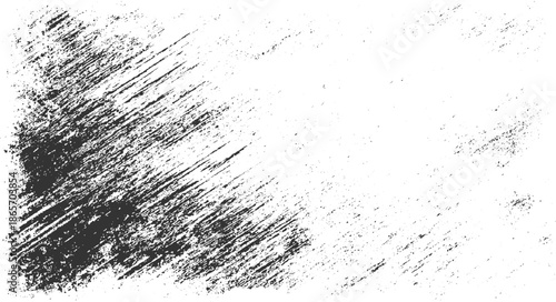 Black diagonal brush strokes and speckles on white background texture grunge