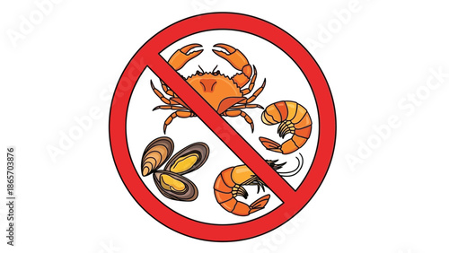 Illustration showing a universal prohibition sign overlaid on various types of shellfish including a crab shrimp and mussels indicating a strict no seafood or allergy warning symbol