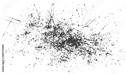 Black ink splatters and scratches on white background abstract texture