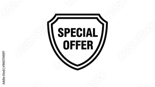Black and white outline icon depicting a shield badge clearly announcing a special offer promotion perfect for marketing retail sales campaigns and limited time discount announcements