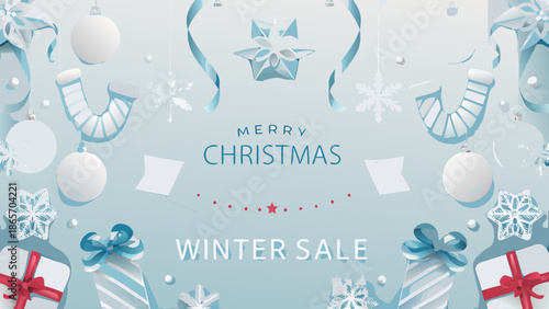 Festive christmas decorations and winter sale themed background with ornaments