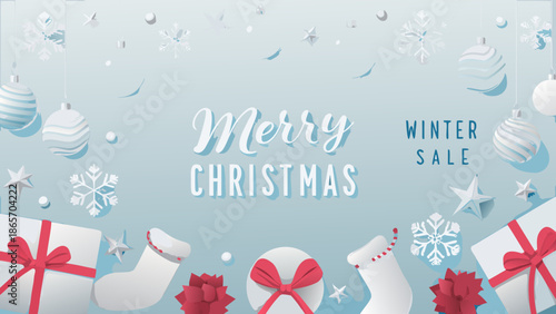 Festive christmas decorations with ornaments gifts and a winter sale announcement