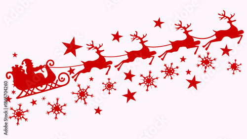 Santa claus and reindeer flying in a sleigh with stars and snowflakes