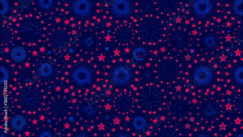 A vibrant dark blue background with scattered red and blue starbursts and stars