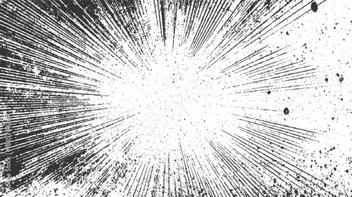 Black and white abstract radial lines and speckle texture background