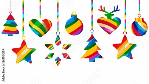 Colorful hanging christmas ornaments stars hearts trees and baubles displayed