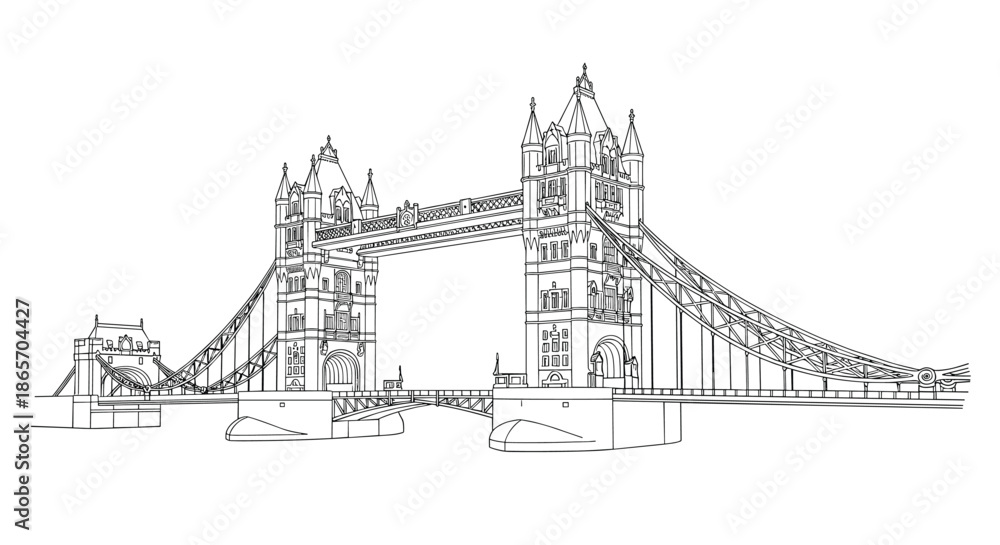 Obraz premium Precise architectural line drawing of the famous Tower Bridge in London for travel guides and historical landmark illustrations.