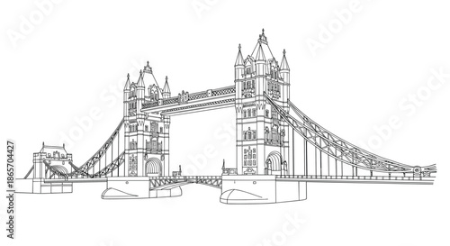 Precise architectural line drawing of the famous Tower Bridge in London for travel guides and historical landmark illustrations.