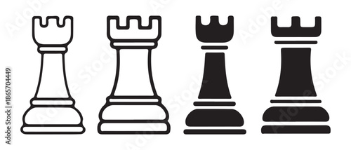 Chess Rook Icons. White Outline vs Black Silhouette, Strategic Game Pieces.