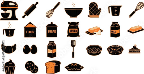 Baking & Cooking Icons Set – Kitchen Tools, Desserts, Ingredients (Outline Black & Orange)