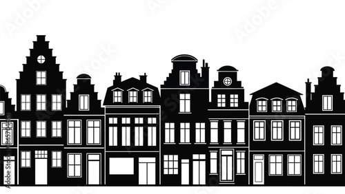 illustration of a row of traditional european townhouses with detailed facades and diverse architectural styles Silhouette vector on whit Background