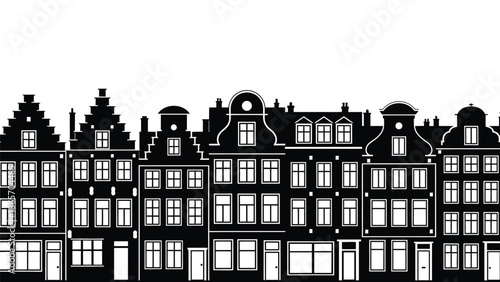 Detailed illustration of historic european cityscape with ornate building facades and classic architecture style in black Silhouette vector on whit Background