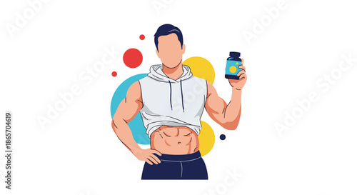 Athletic man showing his abdominal muscles while holding a bottle of nutritional supplements for fitness and healthy lifestyle themes.