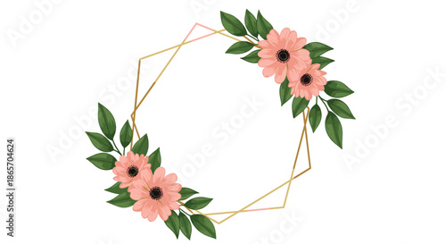 Elegant hexagonal golden frame decorated with pink flowers and green foliage for wedding invitations and greeting card designs.