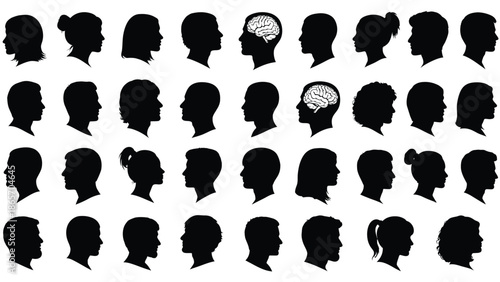 Collection of diverse human profile silhouettes with brain illustration representing cognitive processes and mental health concepts Silhouette vector on whit Background