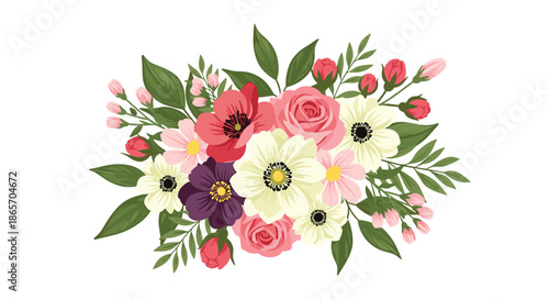 Vibrant floral arrangement featuring pink roses and white anemones with green leaves for decorative cards and celebration purposes.