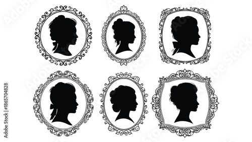 Elegant vintage portraits of women in ornate frame designs for classic artistic or decorative use with profile Silhouette vector on whit Background