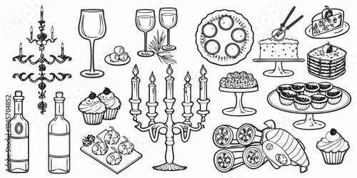 Elegant dinner setting with candles cake wine and decorative tableware illustration