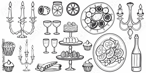Elegant black and white illustrations of dining elements and celebratory food
