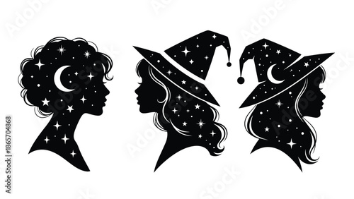 Elegant illustration of three female profiles with starry night sky and moon motifs, featuring whimsical witch hats and magical Silhouette vector on whit Background
