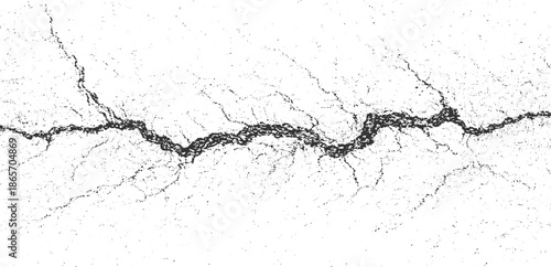 Black jagged crack texture on white background with scattered dots grunge