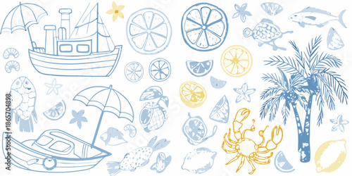 A charming collection of marine life citrus fruits and seaside objects