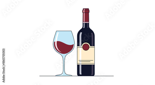 Simple and clean illustration of a dark wine bottle alongside a glass filled with red wine on a white background for hospitality.