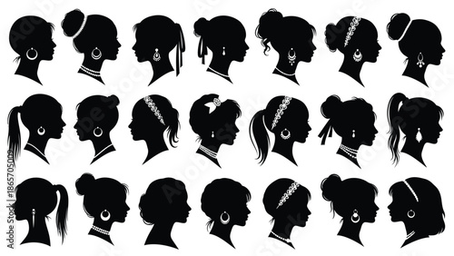 Collection of diverse silhouettes of women's hairstyles and hair accessories in profile view illustration Silhouette vector on whit Background