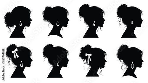 Collection of illustrations showing different elegant female hairstyles with accessories for beauty and fashion Silhouette vector on whit Background