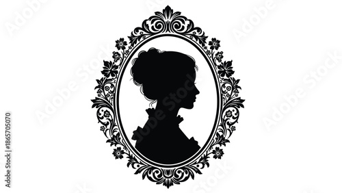 Elegant vintage of a woman with intricate floral frame in classic black and white style for historical or romantic themed Silhouette vector on whit Background
