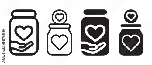 Donation Jar Icons. Heart Symbol, Hand, Coin, Charity Concept.