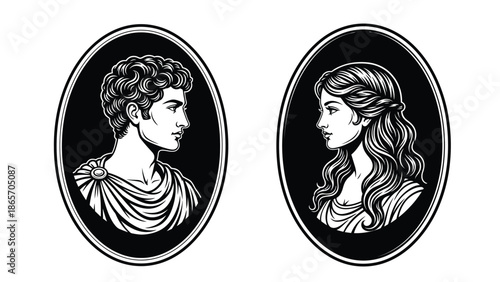 Elegant black and white illustration of classical profile portraits of a man and a woman in oval frames for vintage design Silhouette vector on whit Background