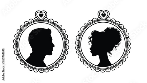 Elegant illustration of man and woman portraits with heart frames for romantic or love themed designs with couple Silhouette vector on whit Background