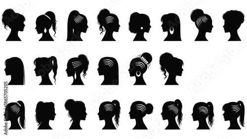Collection of various women's hair styles silhouettes illustration for beauty and fashion design with hairstyle Silhouette vector on whit Background