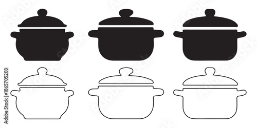 Set of Cooking Pots Icons. Black Solid and Outline Silhouettes.