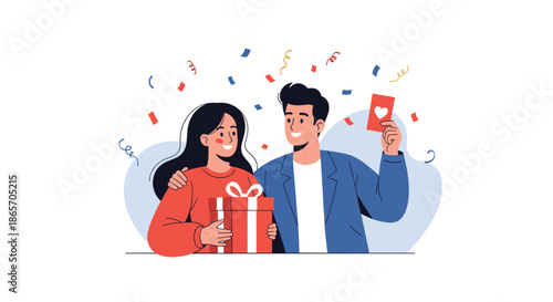 Happy young couple celebrating a special occasion with a gift box and a heart card surrounded by colorful festive confetti bits.