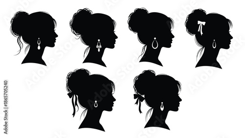 Set of six elegant illustrations of women with different hairstyles and accessories in black white with beauty Silhouette vector on whit Background