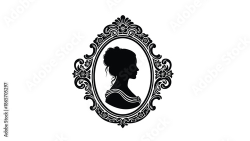 Elegant vintage of a woman in profile within ornate decorative frame for classic portrait or historical theme design Silhouette vector on whit Background