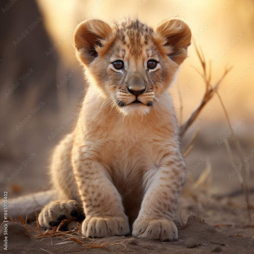 Obraz premium Charming Baby Lion Cub Portrait in Golden African Savanna Sunset. Cute Wild Animal Safari Wildlife Photography.