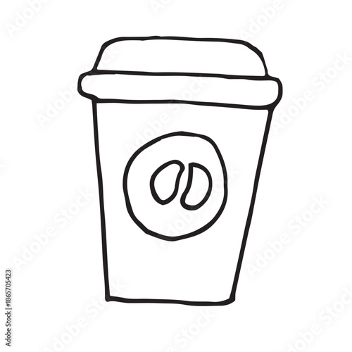 Hand-drawn takeaway coffee cup with lid. Minimal black line illustration isolated on white background